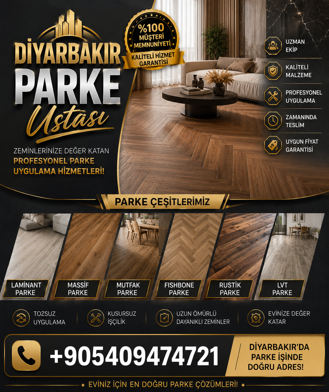 Diyarbakır parke ustası tarafından uygulanmış modern laminat parke döşeme çalışması. Ahşap dokulu zemin kaplaması, profesyonel parke montajı, hassas birleşim detayları ve estetik iç mekân dekorasyonu ile tamamlanmış yaşam alanı.