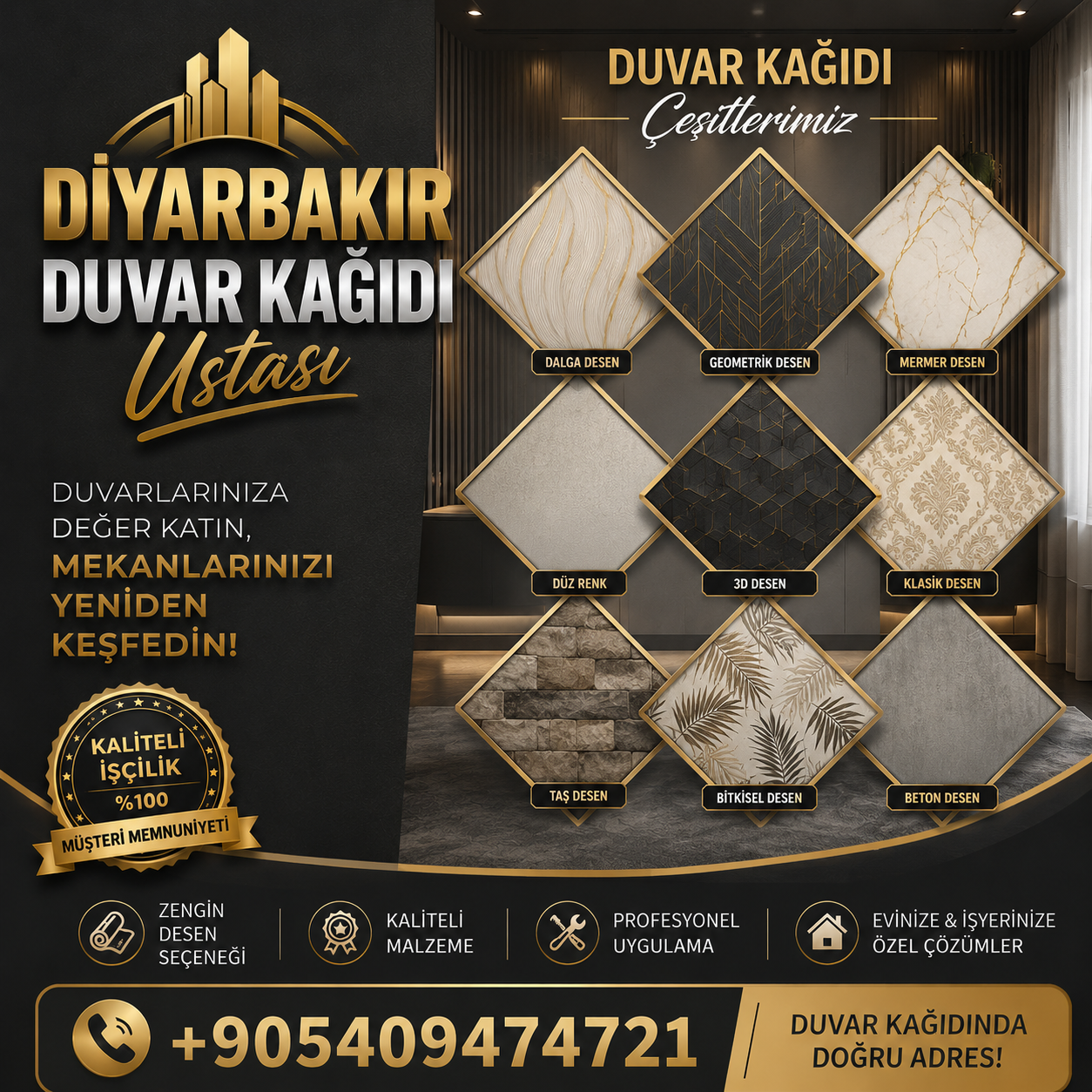 Diyarbakır’da profesyonel duvar kağıdı ustası tarafından uygulanmış modern duvar kaplama tasarımı. İthal duvar kağıdı desenlerinin kusursuz birleşimi, temiz işçilik, dekoratif iç mekân görünümü ve estetik duvar dekorasyonu uygulaması.